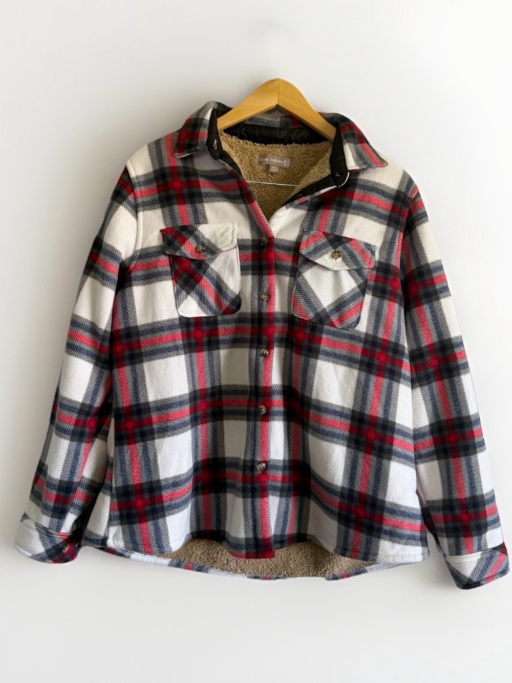 Victory Outfitters Plaid Sherpa Lined Fleece Shacket Jacket Red White Blue XL